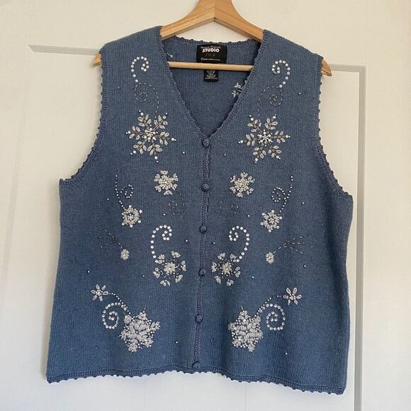 Vintage Blue Wool Beaded Embroidered Classic Grandma Warm Button Front Vest - Picture 1 of 4